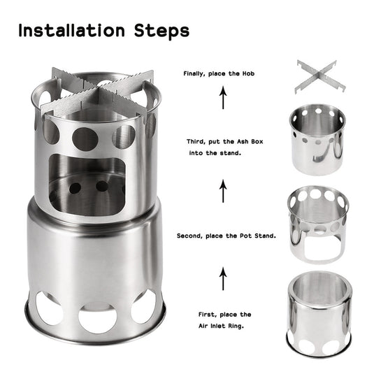 Portable Camping Stove Combo Wood Burning Stainless Steel Stove And Cooking Pot Set For Outdoor Backpacking Fishing Hiking